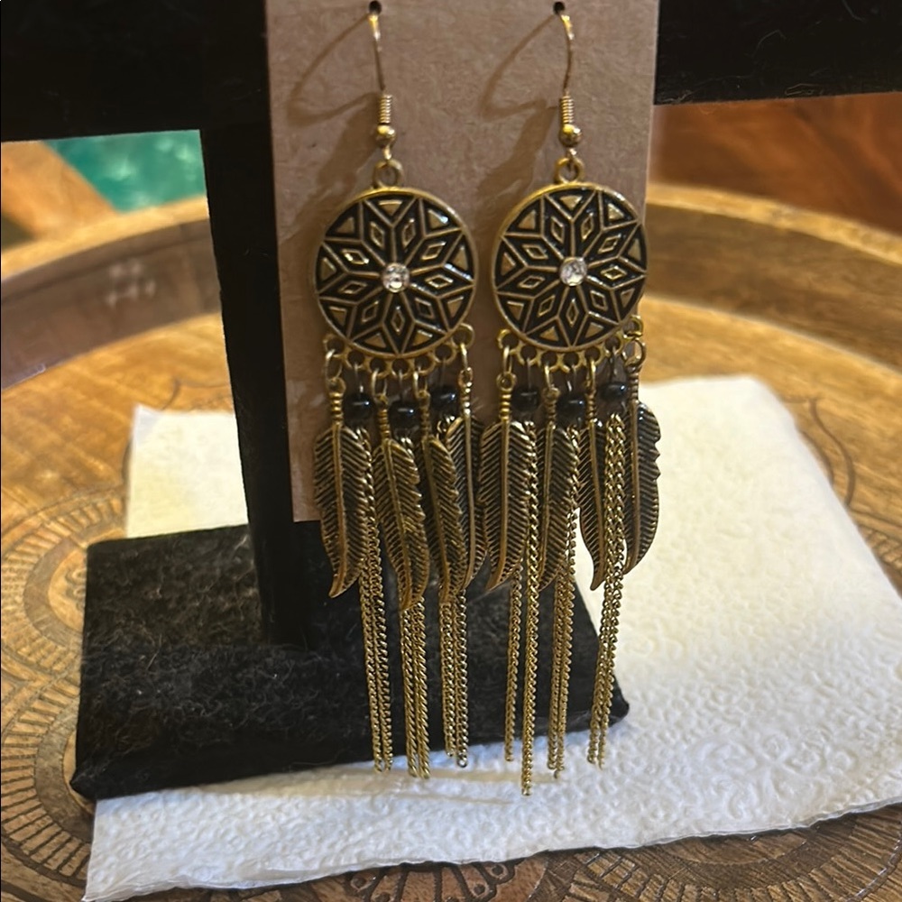 Earrings Gold and Black Feather Dangle Earrings, 5” New